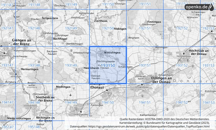 Übersichtskarte des KOSTRA-DWD-2020-Rasterfeldes Nr. 193150