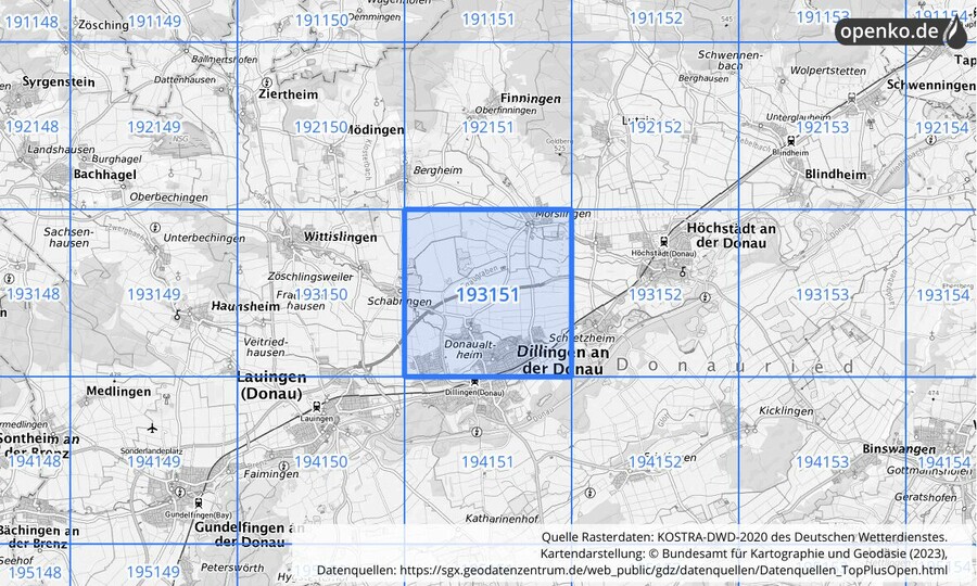 Übersichtskarte des KOSTRA-DWD-2020-Rasterfeldes Nr. 193151