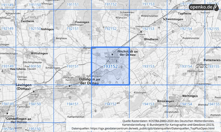 Übersichtskarte des KOSTRA-DWD-2020-Rasterfeldes Nr. 193152