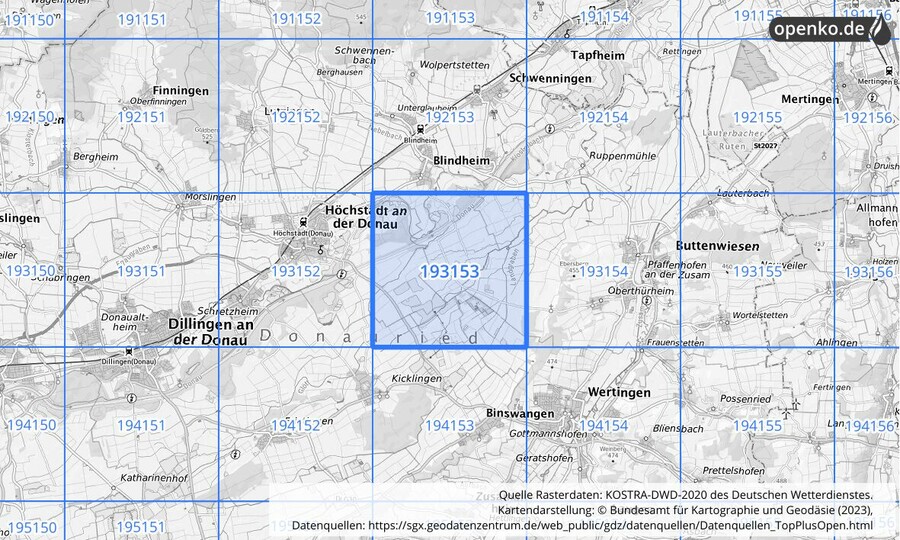 Übersichtskarte des KOSTRA-DWD-2020-Rasterfeldes Nr. 193153