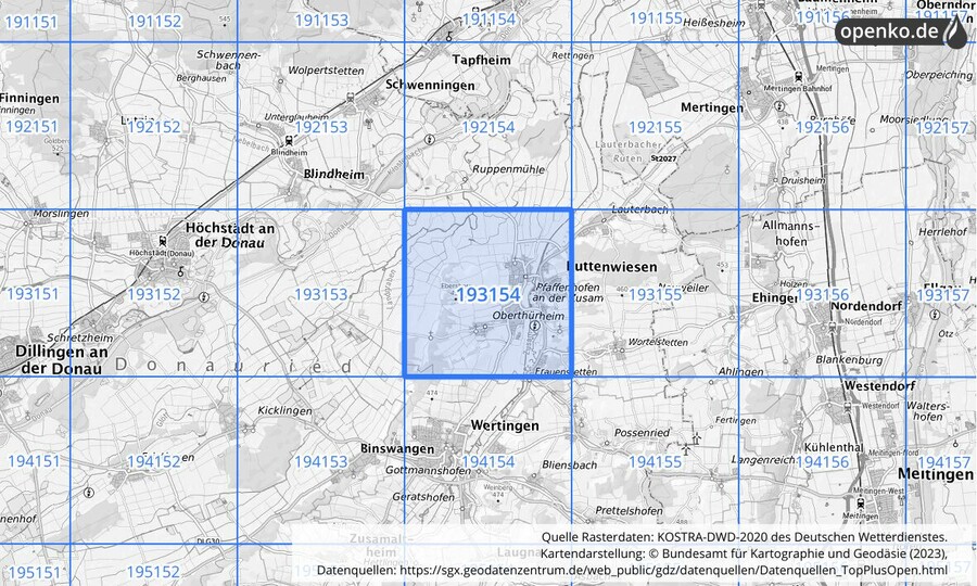 Übersichtskarte des KOSTRA-DWD-2020-Rasterfeldes Nr. 193154