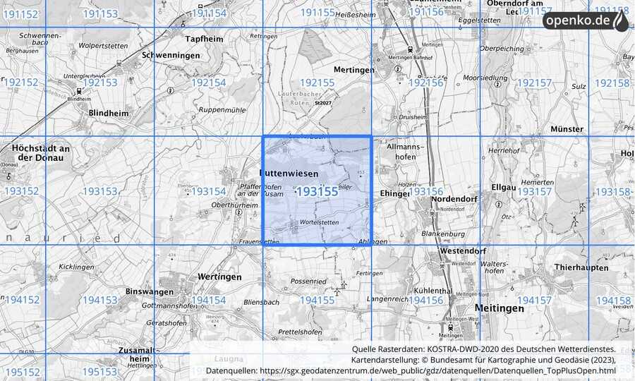 Übersichtskarte des KOSTRA-DWD-2020-Rasterfeldes Nr. 193155