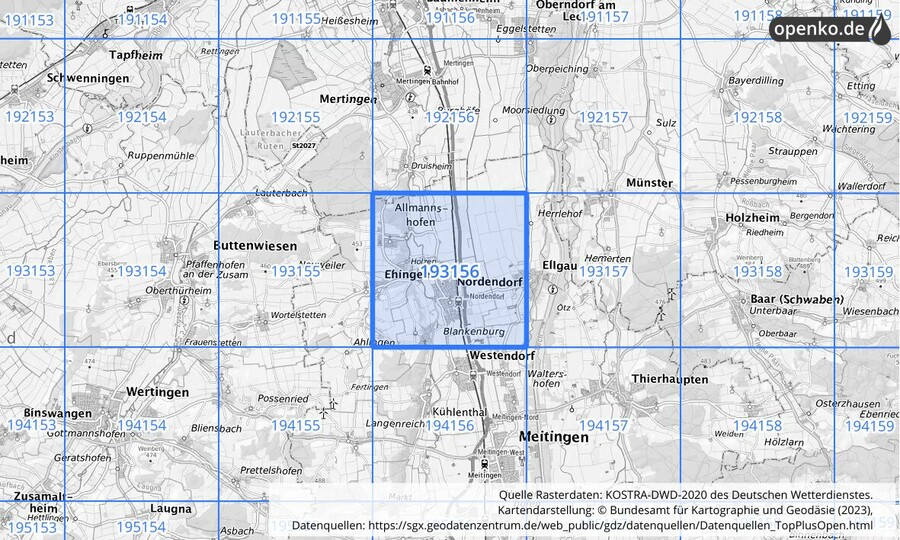 Übersichtskarte des KOSTRA-DWD-2020-Rasterfeldes Nr. 193156