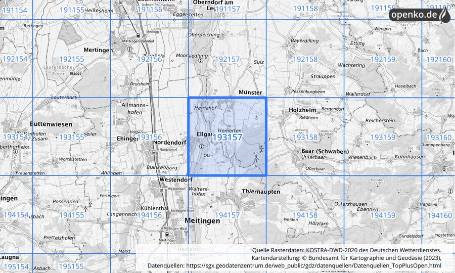 Übersichtskarte des KOSTRA-DWD-2020-Rasterfeldes Nr. 193157