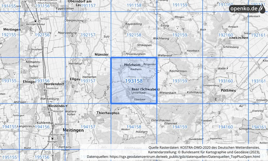 Übersichtskarte des KOSTRA-DWD-2020-Rasterfeldes Nr. 193158