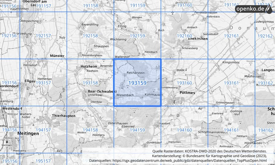 Übersichtskarte des KOSTRA-DWD-2020-Rasterfeldes Nr. 193159