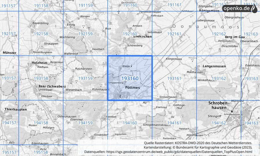 Übersichtskarte des KOSTRA-DWD-2020-Rasterfeldes Nr. 193160