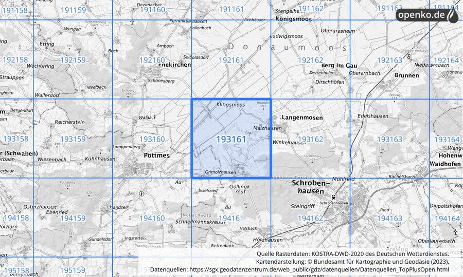 Übersichtskarte des KOSTRA-DWD-2020-Rasterfeldes Nr. 193161