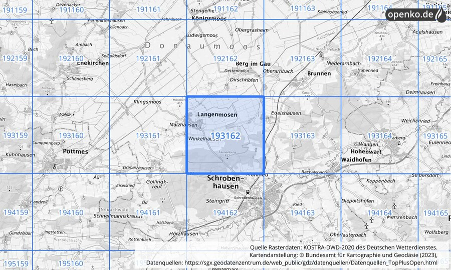 Übersichtskarte des KOSTRA-DWD-2020-Rasterfeldes Nr. 193162