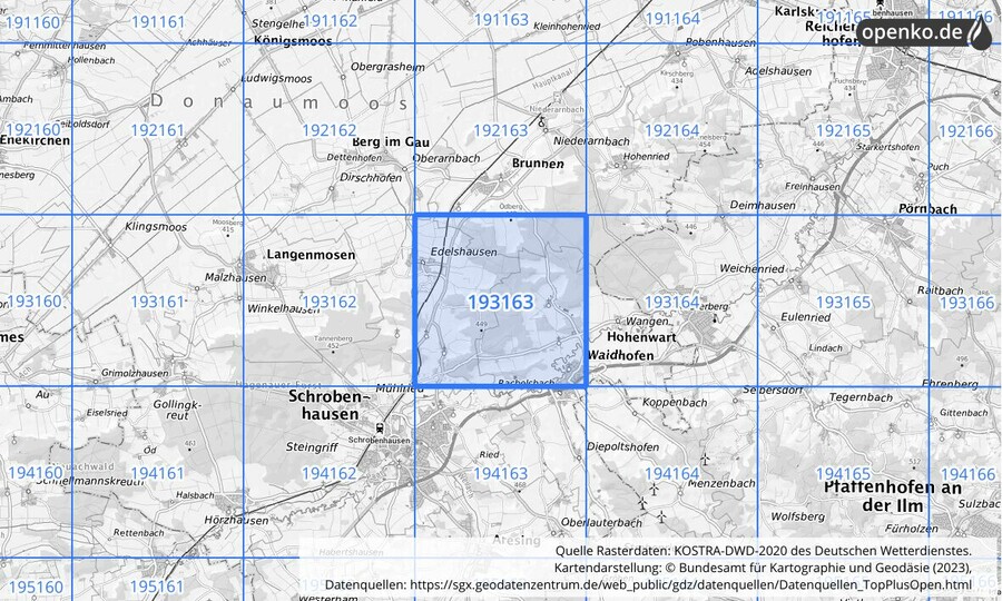 Übersichtskarte des KOSTRA-DWD-2020-Rasterfeldes Nr. 193163