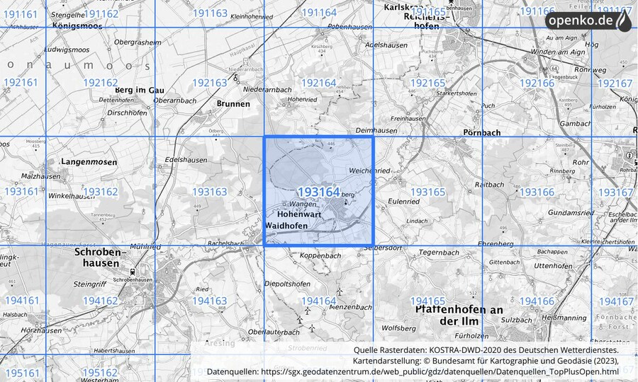 Übersichtskarte des KOSTRA-DWD-2020-Rasterfeldes Nr. 193164