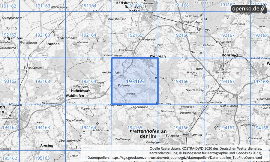 Übersichtskarte des KOSTRA-DWD-2020-Rasterfeldes Nr. 193165