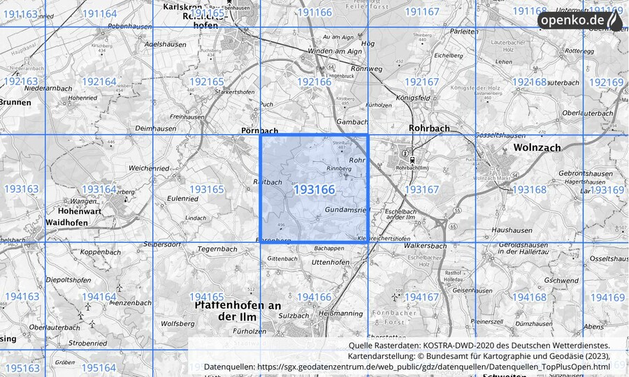 Übersichtskarte des KOSTRA-DWD-2020-Rasterfeldes Nr. 193166