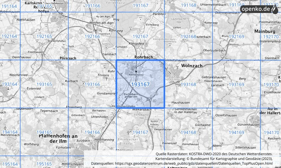 Übersichtskarte des KOSTRA-DWD-2020-Rasterfeldes Nr. 193167