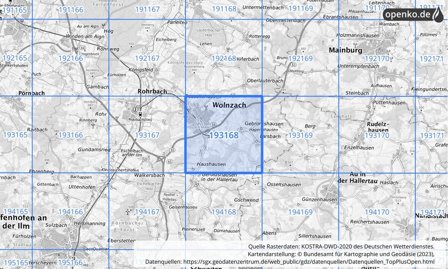 Übersichtskarte des KOSTRA-DWD-2020-Rasterfeldes Nr. 193168