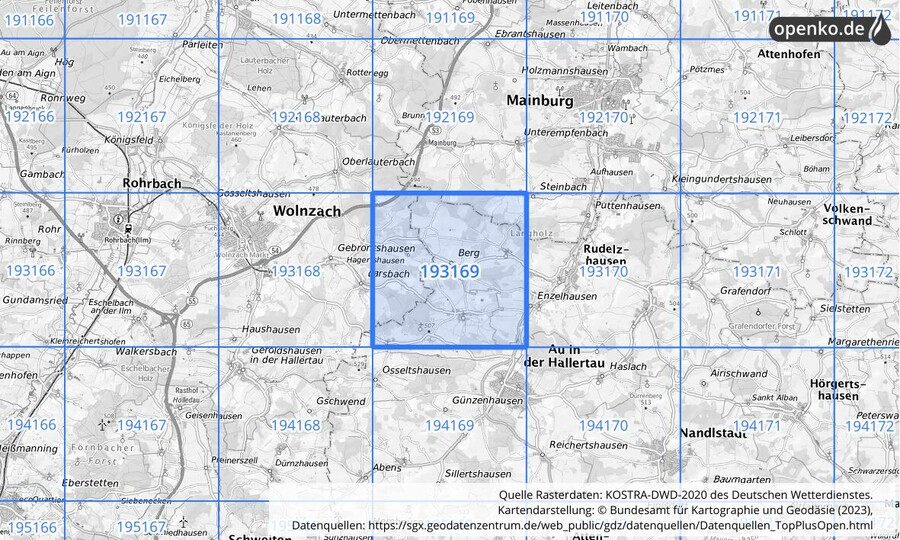 Übersichtskarte des KOSTRA-DWD-2020-Rasterfeldes Nr. 193169