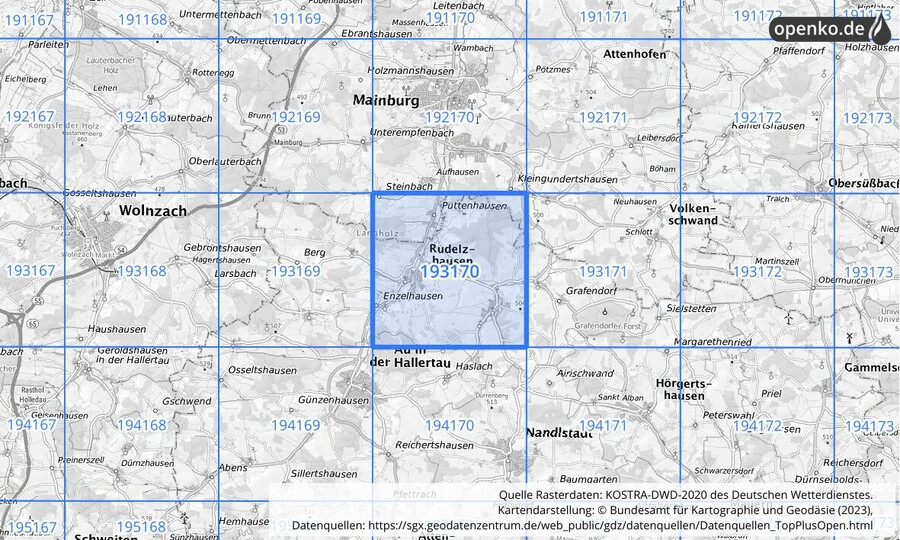 Übersichtskarte des KOSTRA-DWD-2020-Rasterfeldes Nr. 193170