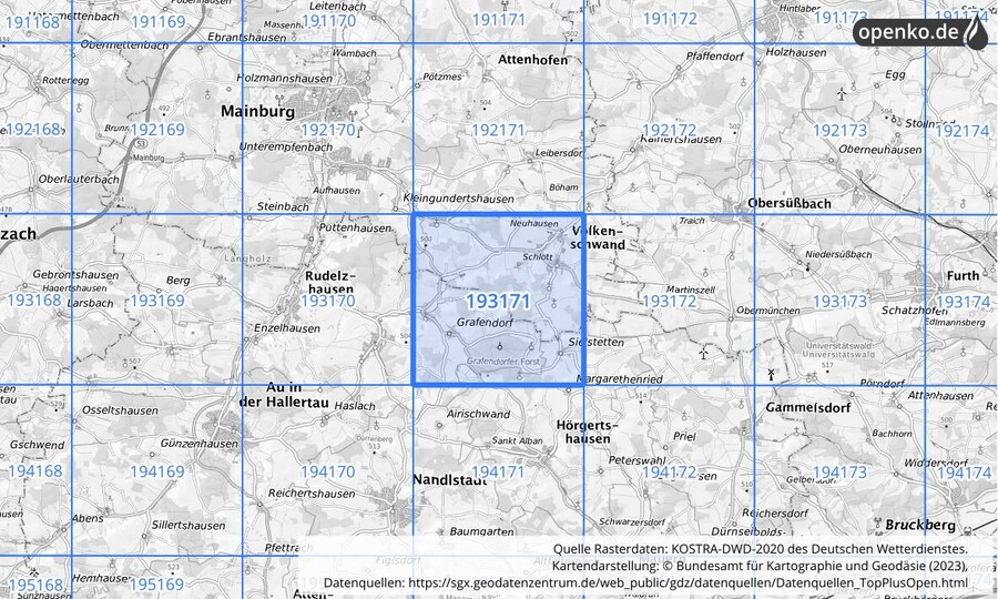 Übersichtskarte des KOSTRA-DWD-2020-Rasterfeldes Nr. 193171