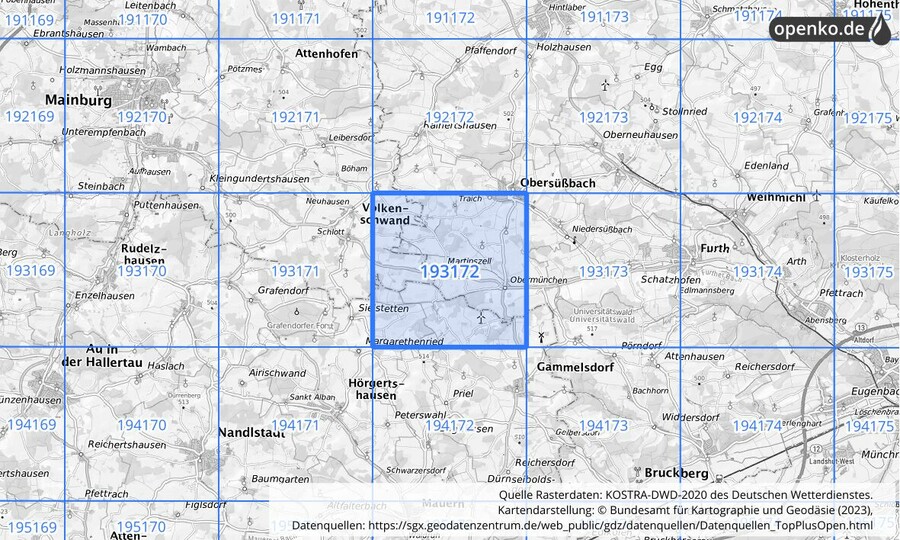 Übersichtskarte des KOSTRA-DWD-2020-Rasterfeldes Nr. 193172