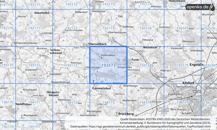 Übersichtskarte des KOSTRA-DWD-2020-Rasterfeldes Nr. 193173
