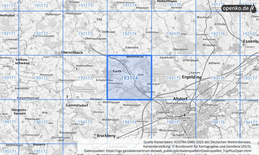 Übersichtskarte des KOSTRA-DWD-2020-Rasterfeldes Nr. 193174