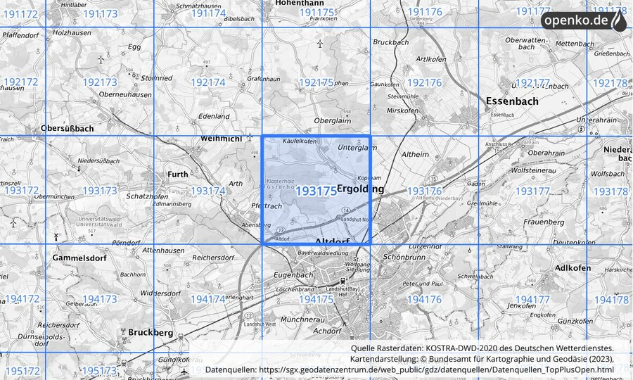 Übersichtskarte des KOSTRA-DWD-2020-Rasterfeldes Nr. 193175