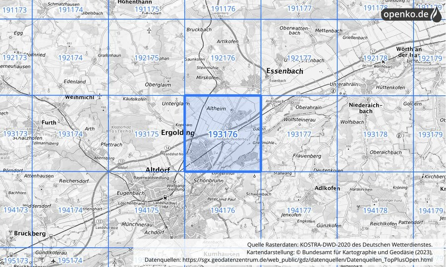 Übersichtskarte des KOSTRA-DWD-2020-Rasterfeldes Nr. 193176
