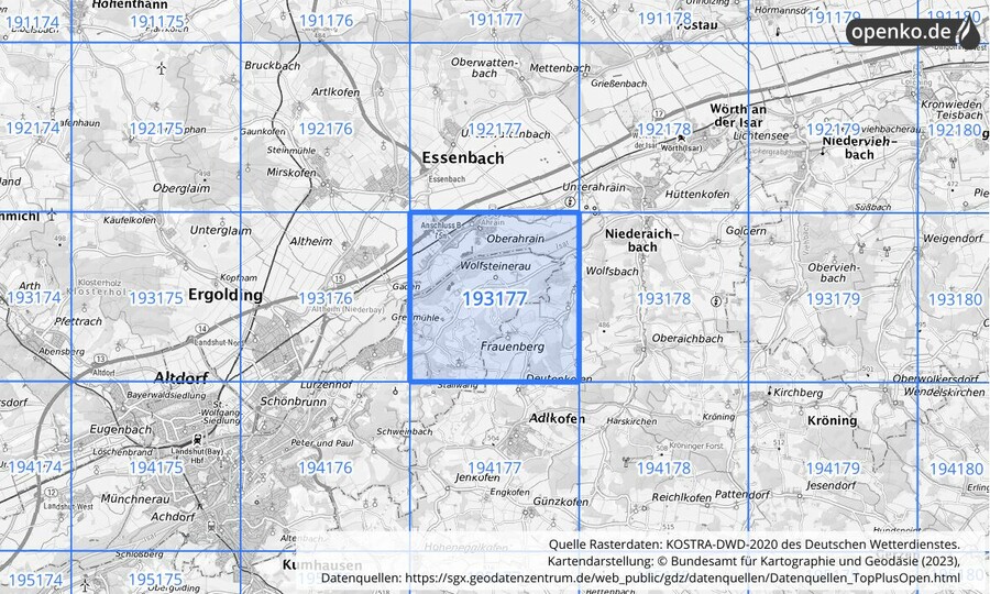 Übersichtskarte des KOSTRA-DWD-2020-Rasterfeldes Nr. 193177