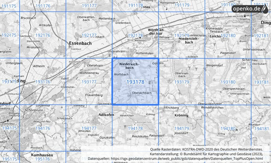 Übersichtskarte des KOSTRA-DWD-2020-Rasterfeldes Nr. 193178