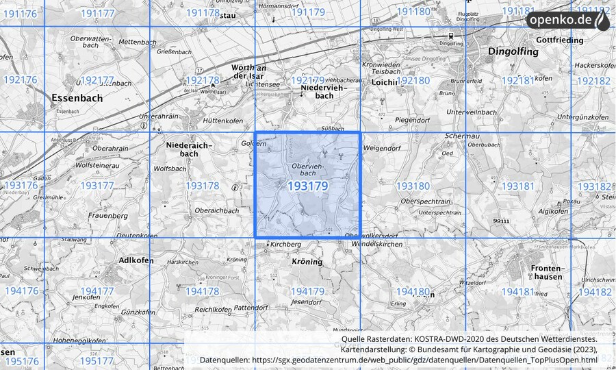 Übersichtskarte des KOSTRA-DWD-2020-Rasterfeldes Nr. 193179