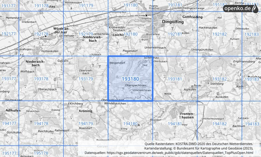 Übersichtskarte des KOSTRA-DWD-2020-Rasterfeldes Nr. 193180