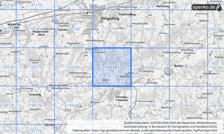 Übersichtskarte des KOSTRA-DWD-2020-Rasterfeldes Nr. 193181