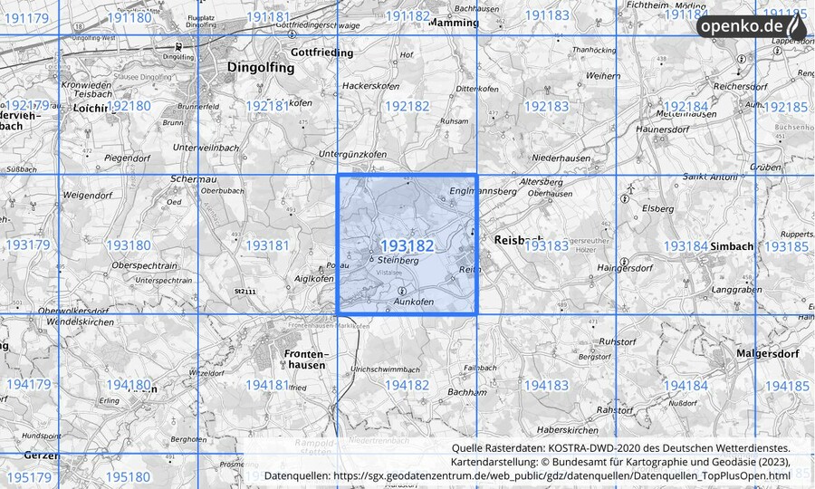 Übersichtskarte des KOSTRA-DWD-2020-Rasterfeldes Nr. 193182