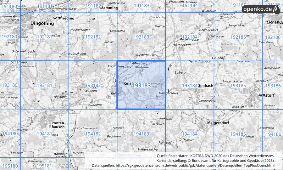 Übersichtskarte des KOSTRA-DWD-2020-Rasterfeldes Nr. 193183