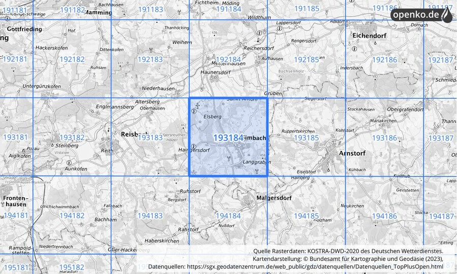 Übersichtskarte des KOSTRA-DWD-2020-Rasterfeldes Nr. 193184