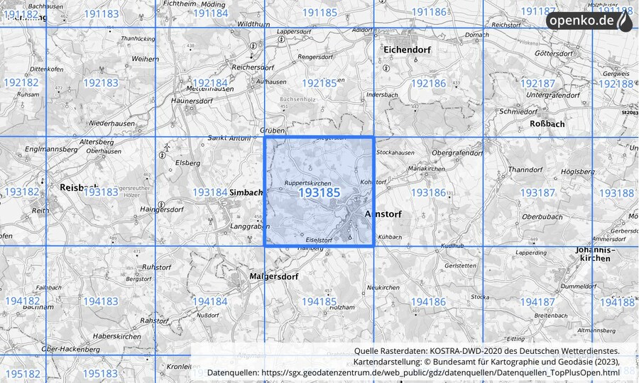 Übersichtskarte des KOSTRA-DWD-2020-Rasterfeldes Nr. 193185