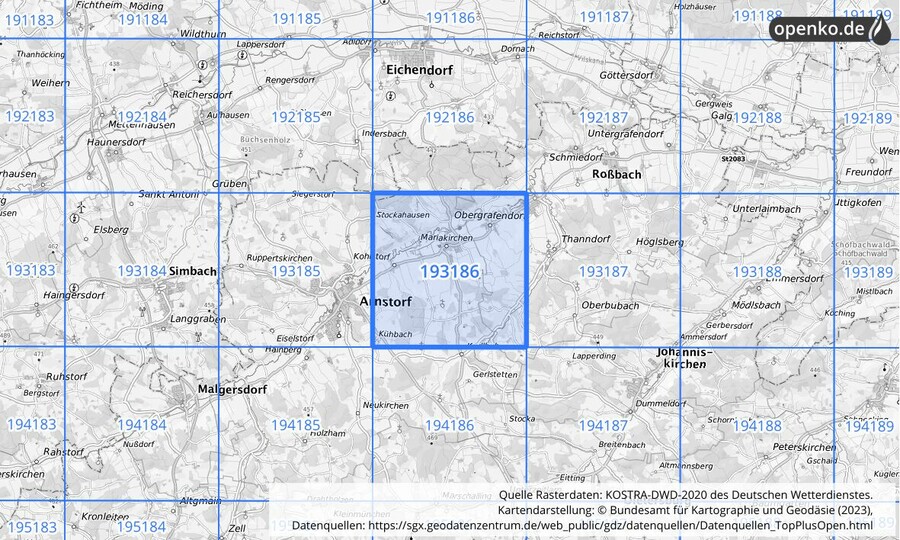 Übersichtskarte des KOSTRA-DWD-2020-Rasterfeldes Nr. 193186