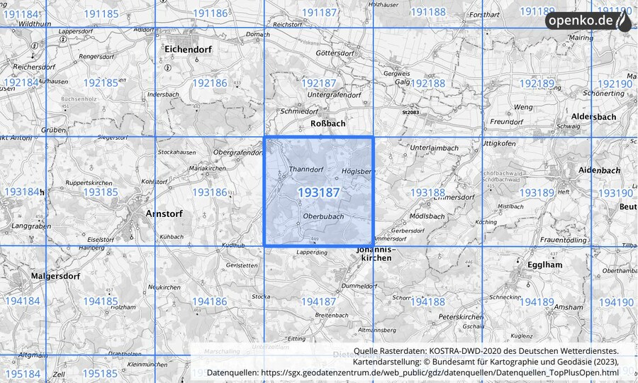 Übersichtskarte des KOSTRA-DWD-2020-Rasterfeldes Nr. 193187
