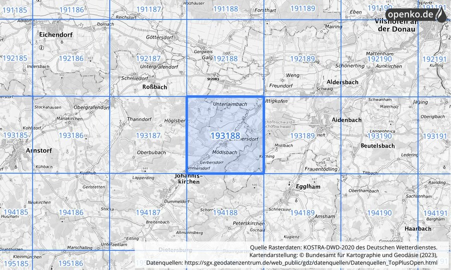 Übersichtskarte des KOSTRA-DWD-2020-Rasterfeldes Nr. 193188