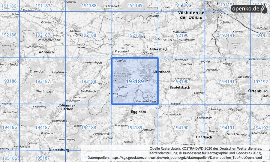 Übersichtskarte des KOSTRA-DWD-2020-Rasterfeldes Nr. 193189