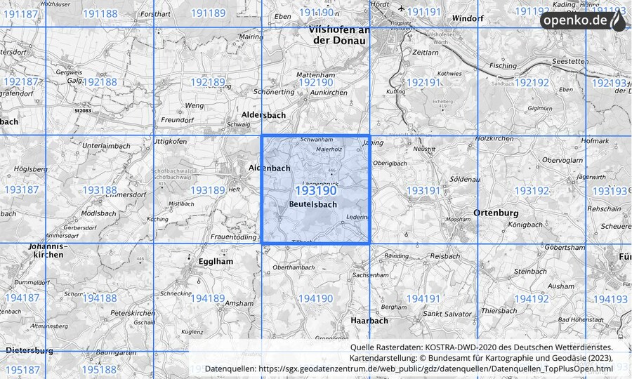 Übersichtskarte des KOSTRA-DWD-2020-Rasterfeldes Nr. 193190