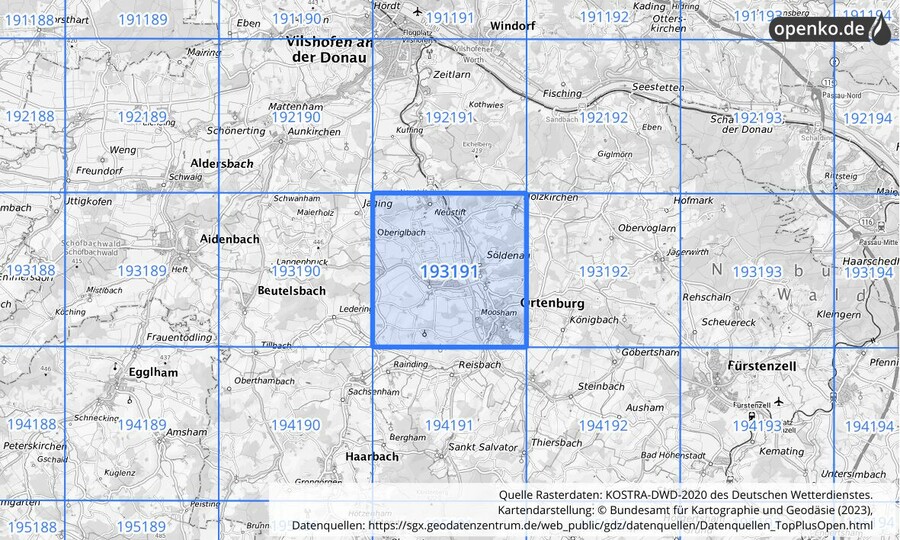 Übersichtskarte des KOSTRA-DWD-2020-Rasterfeldes Nr. 193191