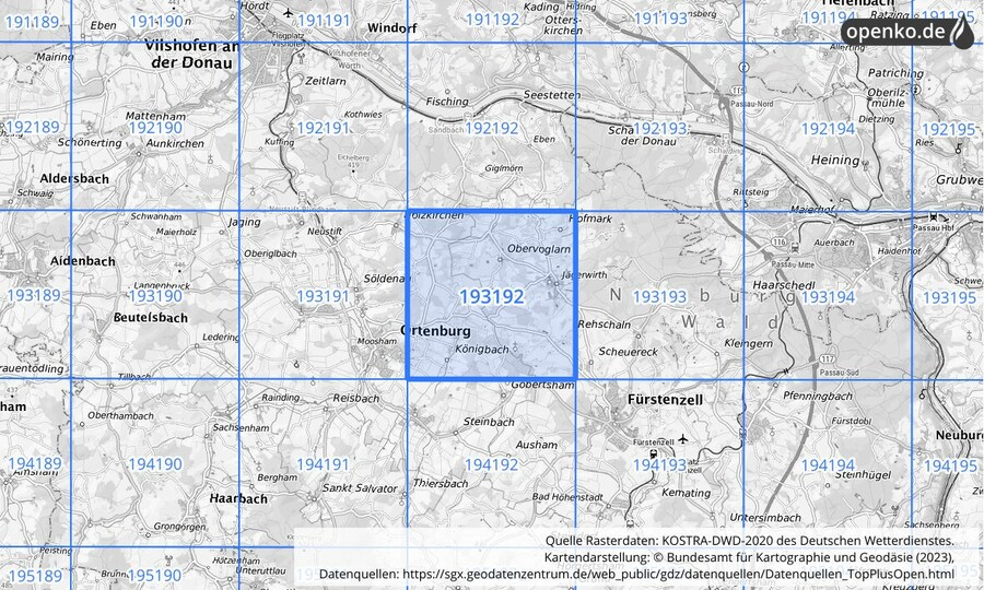 Übersichtskarte des KOSTRA-DWD-2020-Rasterfeldes Nr. 193192