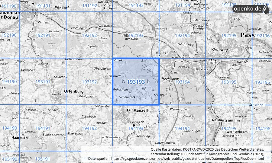 Übersichtskarte des KOSTRA-DWD-2020-Rasterfeldes Nr. 193193