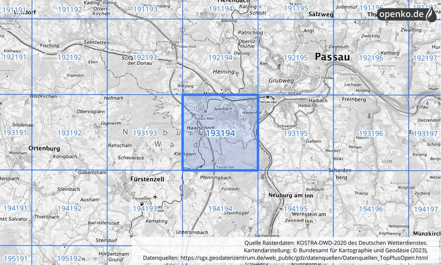 Übersichtskarte des KOSTRA-DWD-2020-Rasterfeldes Nr. 193194