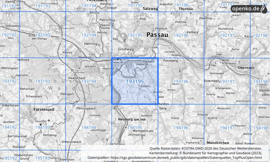 Übersichtskarte des KOSTRA-DWD-2020-Rasterfeldes Nr. 193195