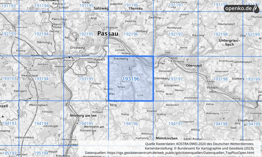 Übersichtskarte des KOSTRA-DWD-2020-Rasterfeldes Nr. 193196