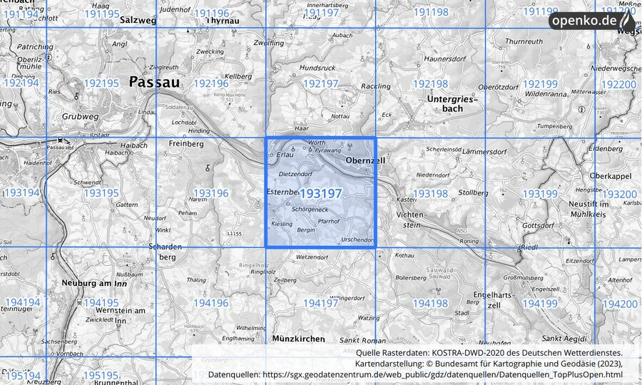 Übersichtskarte des KOSTRA-DWD-2020-Rasterfeldes Nr. 193197