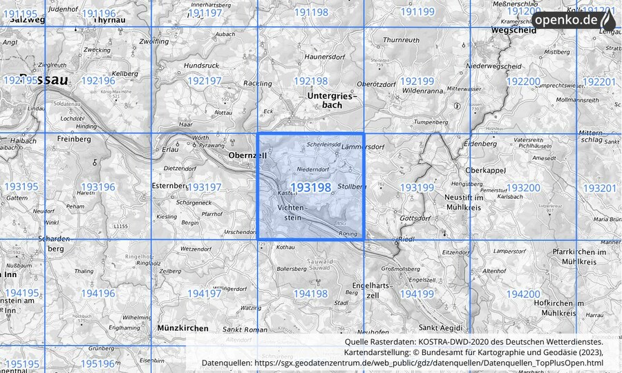 Übersichtskarte des KOSTRA-DWD-2020-Rasterfeldes Nr. 193198