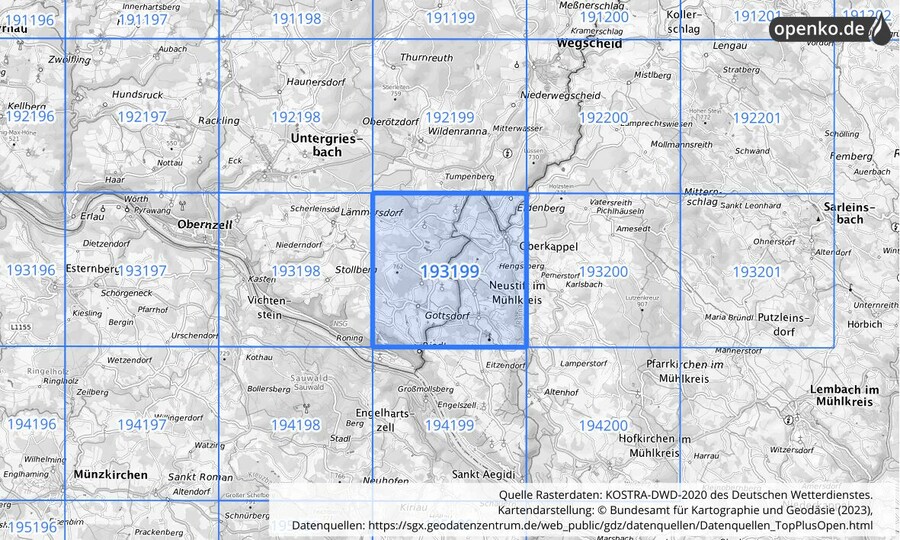 Übersichtskarte des KOSTRA-DWD-2020-Rasterfeldes Nr. 193199